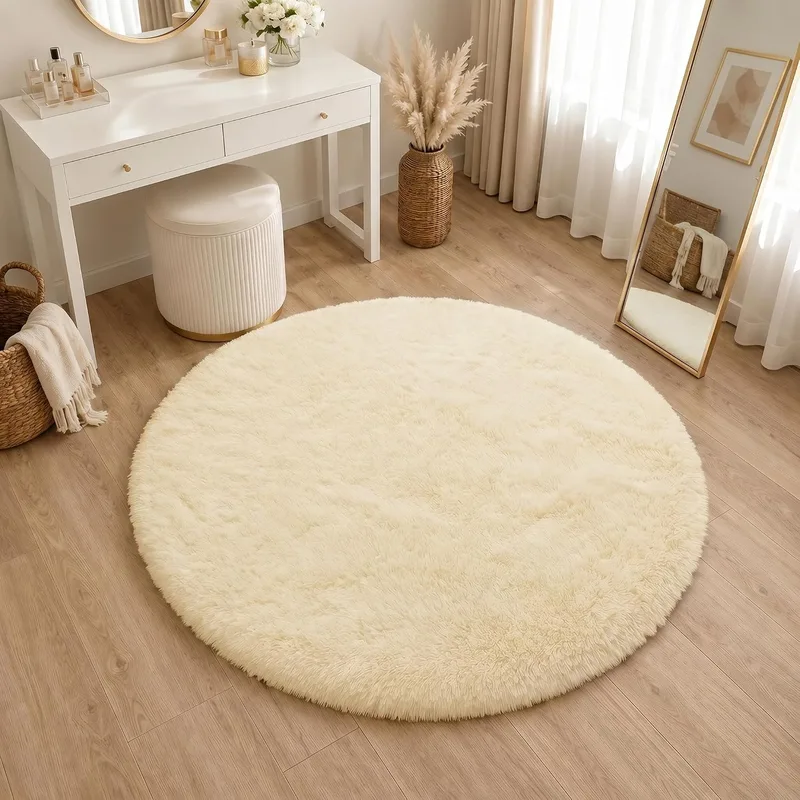 BEIMO ▫️ Tapete de Pêlo Comprido, Tapetes Shaggy Modernos para a Sala, Macio, Antiderrapante, Não Solta Pêlo, Tapete para Quarto, Creme, Redondo, 100 cm