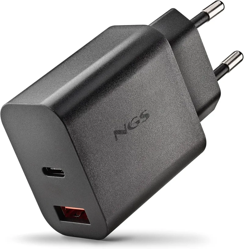 NGS ▫️ ERA 20W Black - Carregador GAN de 20 W com USB-C (PD e PPS) e USB-A QC 3.0, Carregamento Rápido Inteligente, Duas Portas, Compacto e Portátil, Compatível com Smartphones e Tablets