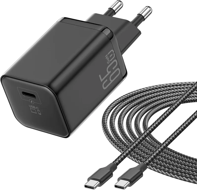 ViSSKO ▫️ Carregador de 65 W para MacBook Air, Carregador Rápido USB C GAN II PD3.0 Compacto Portátil Compatível para iPhone 17/17Pro/16/15, para Portátil, para Samsung com Cabo Torcido de 2 metros