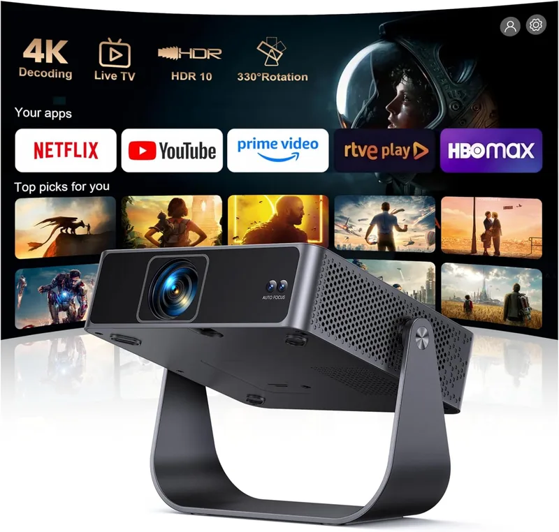 PUTRIMS ▫️ Projetor 4K【Pronto para Netflix + TV ao vivo】 Projetor portátil com aplicativo integrado de foco automático / keystone 1080P FHD FHD nativo com HDR10, 330 ° giratório WiFi Bluetooth Mini projetores para casa / exterior / projetor HDMI