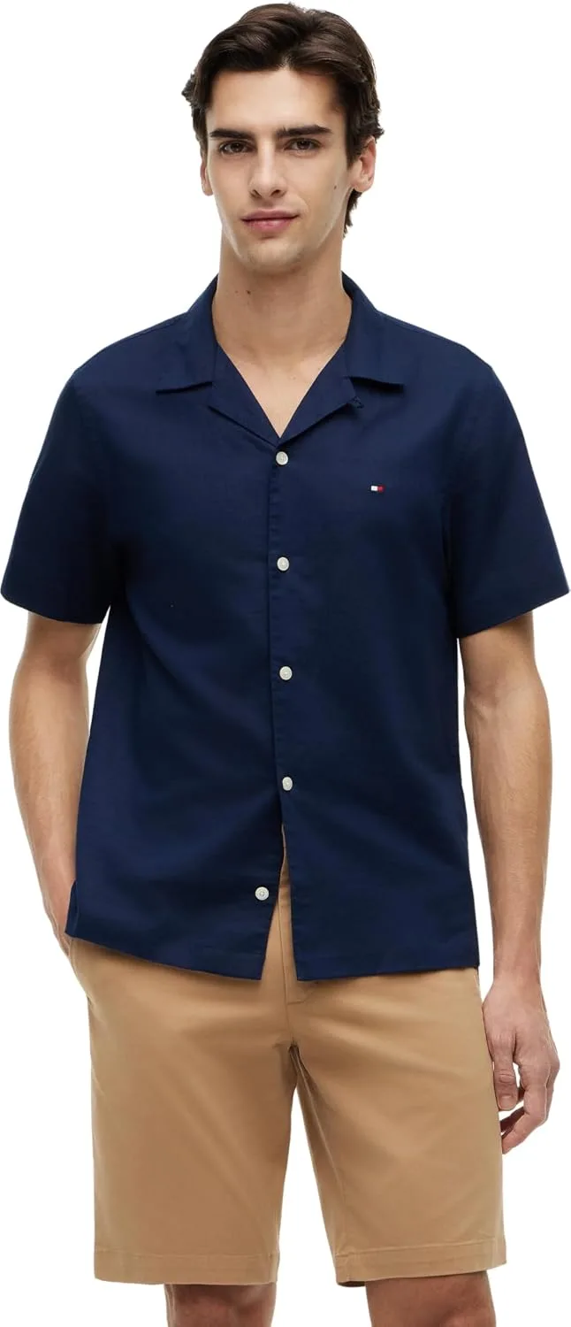 Tommy Hilfiger ▫️ Camisa de manga curta para homem em mistura de linho, cor sólida, SS RF Sht Mw0mw44266