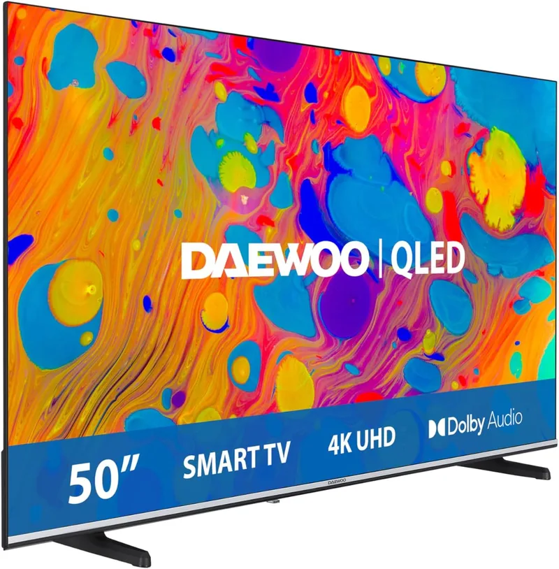 Daewoo ▫️ 50DM55QV QLED Smart TV 50 polegadas 4K Ultra HD HDR, TV com Dolby Vision e Dolby Atmos, compatível com Alexa, design sem moldura, suporte lateral