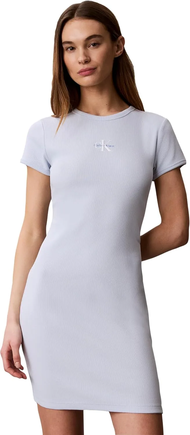 Calvin Klein ▫️ SS Monólogo Baby Rib Mini Vestido Lv047f241g Vestidos para Mulher