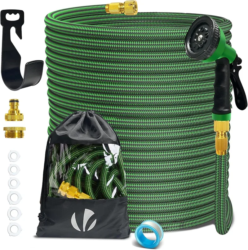 VOUNOT ▫️ ® Mangueira extensível de 45 m, mangueira flexível de jardim com pistola de pulverização de 10 funções, conectores de latão de 1/2 e 3/4 polegadas, saco de arrumação, verde