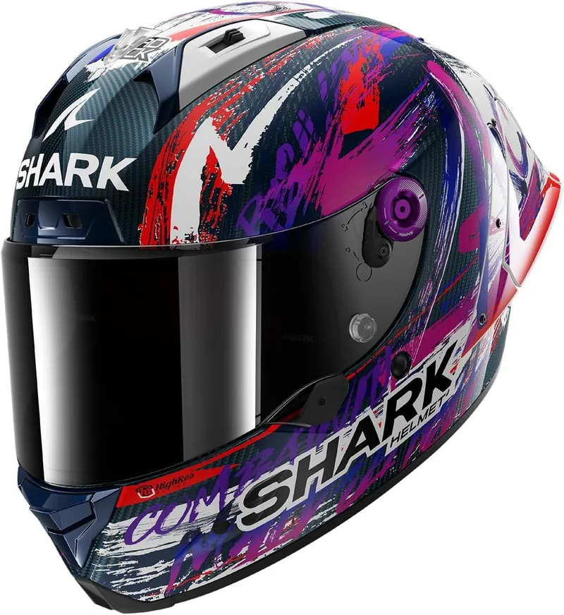 Shark ▫️ Capacete Integral de Moto AERON GP FIM Réplica ZARCO SIGNATURE Carbono Branco Violeta DWV, XXL
