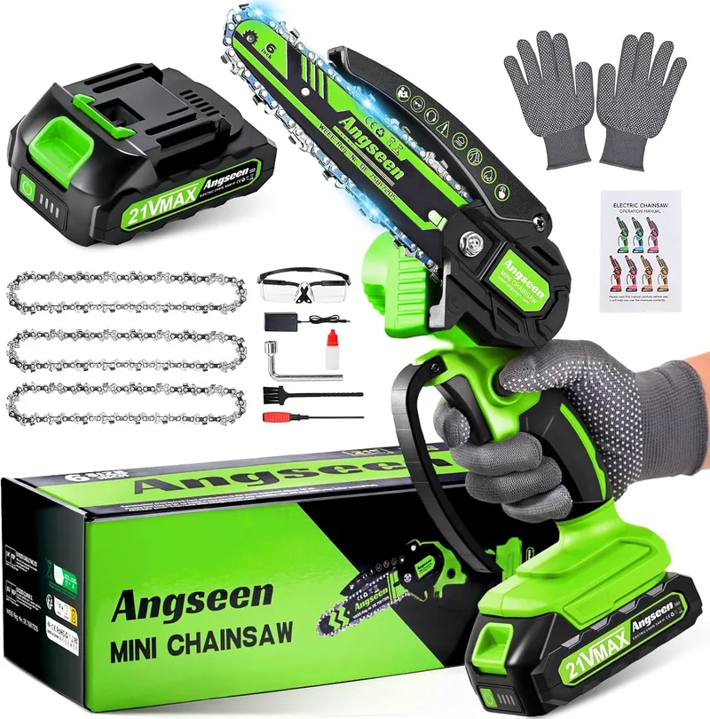 Angseen ▫️ Mini motosserra a bateria, motosserra eléctrica a bateria de 850 W e 6 polegadas com 3 correntes e 1 bateria de grande capacidade, motosserras manuais sem fio para podar árvores e madeira de jardim