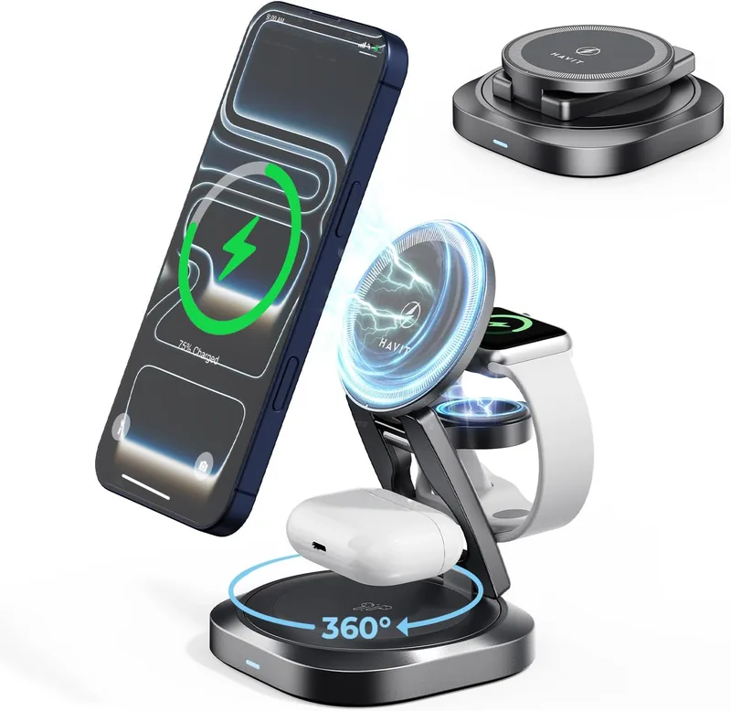 havit ▫️ Qi2 W3111 - Estação de carregamento sem fios 3 em 1 para iPhone, Apple Watch, AirPods e todos os telemóveis compatíveis com magnetismo