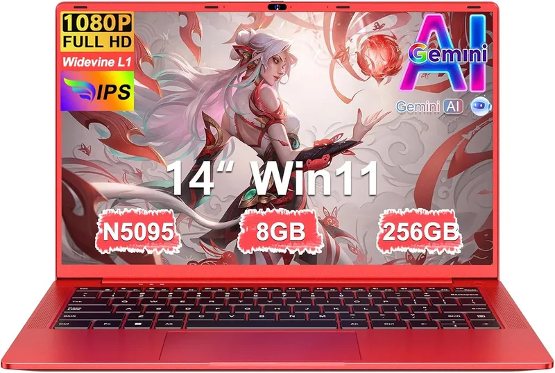 Ruzava ▫️ Portátil de 14 polegadas com processador Celeron N5095 até 2,9 GHz, 8 GB de RAM, SSD de 256 GB, TF de 1 TB, LPDDR4, Windows 11, Wi-Fi 5G, resolução 1920×1080 FHD, mini HDMI, película protetora, espanhol - Vermelho, corpo metálico 59