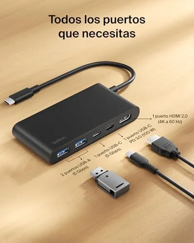 Belkin ▫️ Hub USB-C com 5 portas, 1 saída HDMI 4K a 60 Hz, Power Delivery de 100 W, transferências a 5 Gbps, adaptador USB-C multiportas, compatível com MacBook, iPad Pro, Chromebook e outros, HDMI 2.0 - Preto 3