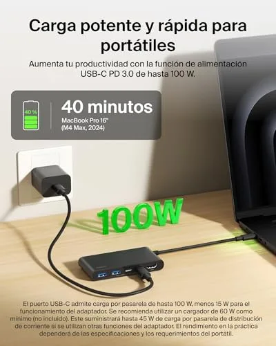 Belkin ▫️ Hub USB-C com 5 portas, 1 saída HDMI 4K a 60 Hz, Power Delivery de 100 W, transferências a 5 Gbps, adaptador USB-C multiportas, compatível com MacBook, iPad Pro, Chromebook e outros, HDMI 2.0 - Preto 5