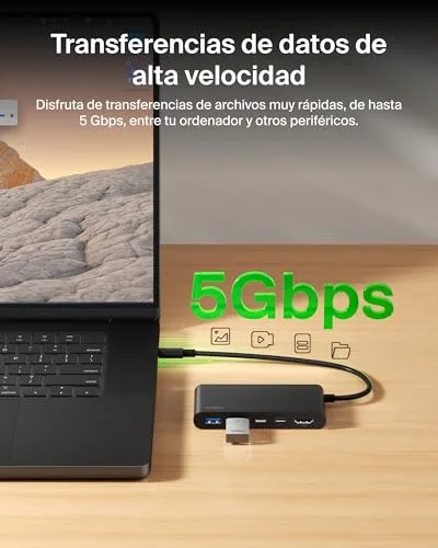 Belkin ▫️ Hub USB-C com 5 portas, 1 saída HDMI 4K a 60 Hz, Power Delivery de 100 W, transferências a 5 Gbps, adaptador USB-C multiportas, compatível com MacBook, iPad Pro, Chromebook e outros, HDMI 2.0 - Preto 6