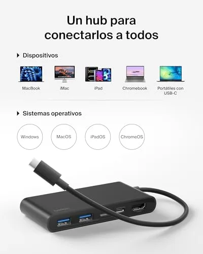 Belkin ▫️ Hub USB-C com 5 portas, 1 saída HDMI 4K a 60 Hz, Power Delivery de 100 W, transferências a 5 Gbps, adaptador USB-C multiportas, compatível com MacBook, iPad Pro, Chromebook e outros, HDMI 2.0 - Preto 7