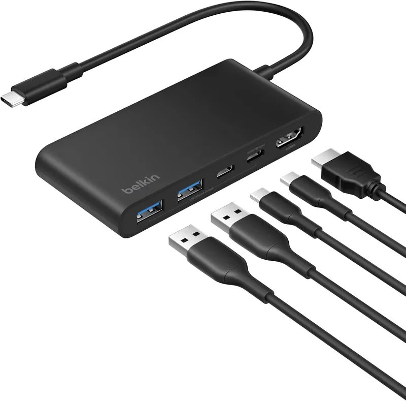 Belkin ▫️ Hub USB-C de 5 portas com 1 porta HDMI 4K a 60 Hz, Power Delivery de 100 W, transferências a 5 Gbps, adaptador USB-C multiportas, compatível com MacBook, iPad Pro, Chromebook e outros, HDMI 2.0 - Preto