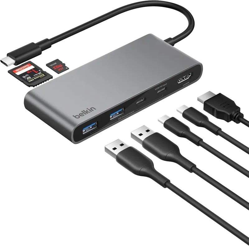 Belkin ▫️ Hub USB C de 7 portas com HDMI 4K 60Hz, leitor SD e MicroSD, fornecimento de energia de 100 W, dados de 5 Gbps, adaptador USB C multiporta, MacBook, iPad Pro e Chromebook, HDMI 2.0 - Cinzento