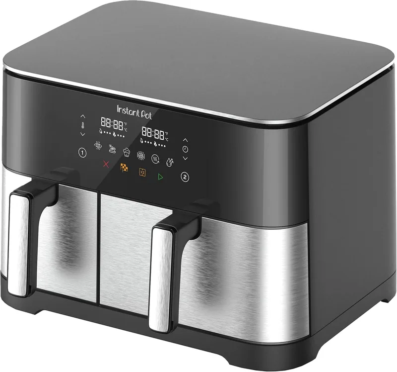 Instant Pot ▫️ Vortex Dual Hot air fryer 11L PFAS-free, grande, dois cestos, 7L+4L, 8 em 1: desidratar, assar, cozer, reaquecer, revestimento antiaderente - aço inoxidável.