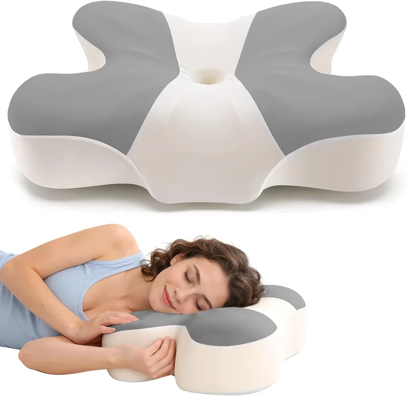 A-Pce ▫️ Almofada cervical ajustável para aliviar a dor (cinzenta e branca) | Almofada viscoelástica com capa removível, para quem dorme de lado, de barriga para cima ou de barriga para baixo