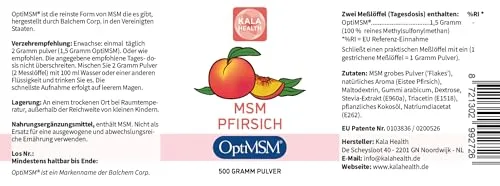 KALA HEALTH ▫️ OptiMSM Pó com sabor a pêssego – 100% pó puro de enxofre MSM – Metilsulfonilmetano natural – Com aroma autêntico a pêssego, proveniente de aromas naturais – Sem aditivos (500) 2