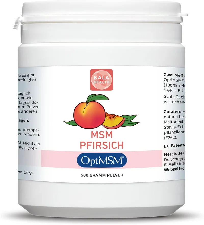 KALA HEALTH ▫️ OptiMSM Pó com sabor a pêssego – 100% pó puro de enxofre MSM – Metilsulfonilmetano natural – Com aroma autêntico a pêssego, proveniente de aromas naturais – Sem aditivos (500)