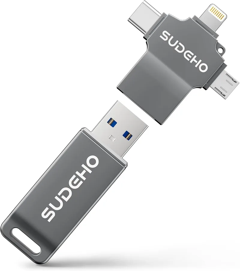 SUDEHO ▫️ Pen USB 4 em 1 com certificação MFi de 128 GB para iPhone, 4 em 1, USB 3.0 de alta velocidade, para iPhone, iPad, Android, PC, Mac, pen para cópias de segurança de fotografias, vídeos e música