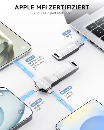 SUDEHO ▫️ Pen USB 4 em 1 com certificação MFi de 128 GB para iPhone, 4 em 1, USB 3.0 de alta velocidade, para iPhone, iPad, Android, PC, Mac, pen de segurança para fotografias, vídeos e música 2