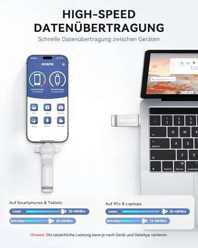 SUDEHO ▫️ Pen USB 4 em 1 com certificação MFi de 128 GB para iPhone, 4 em 1, USB 3.0 de alta velocidade, para iPhone, iPad, Android, PC, Mac, pen de segurança para fotografias, vídeos e música 3