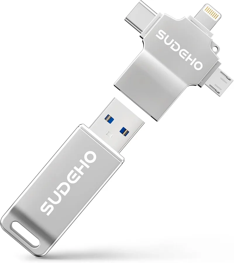 SUDEHO ▫️ MFi Certified 4-in-1 USB Flash Drive 128GB for iPhone, 4-in-1, Hi-Speed USB 3.0, para iPhone, iPad, Android, PC, Mac, memória de backup para fotos, vídeos e música.