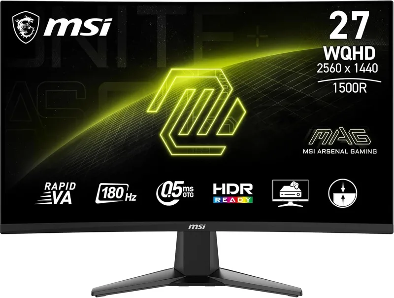 MSI ▫️ mag 27CQ6FA Monitor Curvo para Jogos WQHD de 27": Painel VA rápido com curvatura de 1500R e resolução de 2560 x 1440, 180 Hz/0,5 ms (GtG, mín.), Adaptive-Sync, DP 1.4a, HDMI 2.0b CEC, sem moldura, Preto