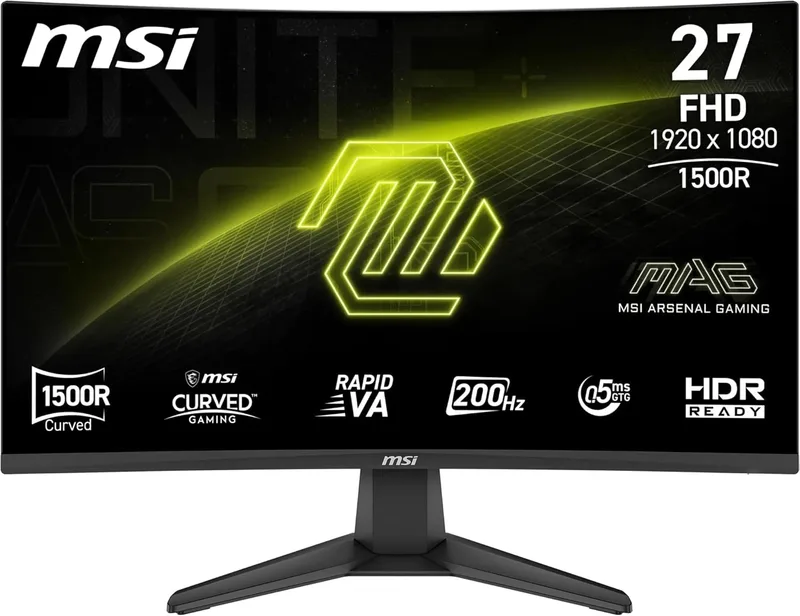 MSI ▫️ mag 276CFA E20 Monitor de jogos de 27" FHD 1500R, 1920 x 1080 Rapid VA, 200 Hz, 0,5 ms, Compatível com HDR, AMD FreeSync™ Premium, Eye-Care, visão IA, HDMI 2.0b, DP 1.2a, sem moldura, Preto