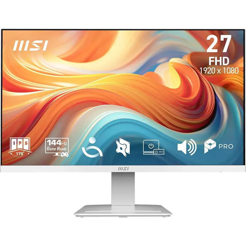 MSI ▫️ Pro MP273WA E14A Monitor profissional FHD de 27", 1920 x 1080 IPS, 144 Hz, 1 ms, compatível com HDR, sincronização adaptável, Eye Care, HDMI 2.0, DP 1.2a, sem moldura, inclinação ajustável, VESA, branco