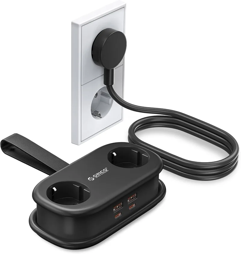 ORICO ▫️ 65W GAN USB-C Travel Multi-Plug, Faixa de Alimentação de Carregamento Rápido 6 em 1 com 4 USB, Cabo Retráctil de 1,6m Faixa de Alimentação para MacBook, iPad, Telemóvel, Viagem - AP3 Preto