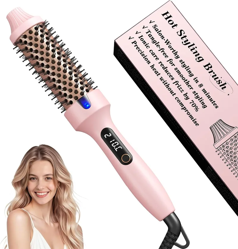 Haokoo ▫️ Escova Térmica Redonda de 38 mm, Escova Alisadora e Modeladora de Cabelo, Escova Térmica Iónica Cerâmica Anti-frizz, 6 Níveis de Temperatura com Ecrã LCD, Dupla Tensão, Rosa