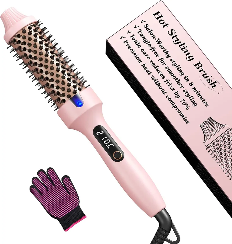 Haokoo ▫️ Escova Térmica de 38 mm para Alisar e Modelar | Iônica Cerâmica Anti-frizz, 6 Níveis de Temperatura com Ecrã LCD, Dupla Voltagem, Ondas e Caracóis Suaves, Cabelo Fino e Grosso, Uso Diário, Rosa