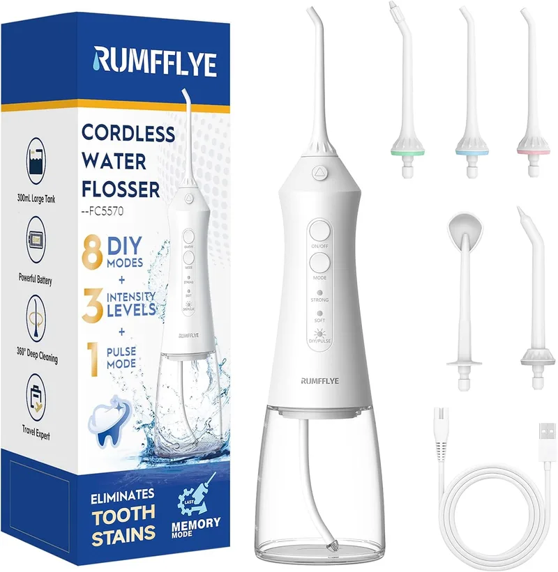 RUMFFLYE ▫️ Irrigador dentário portátil Irrigador de água sem fios profissional 12 modos 5 bicos à prova de água IPX7 à prova de água 300ML Recarregável para casa e viagem Irrigador oral elétrico (branco)
