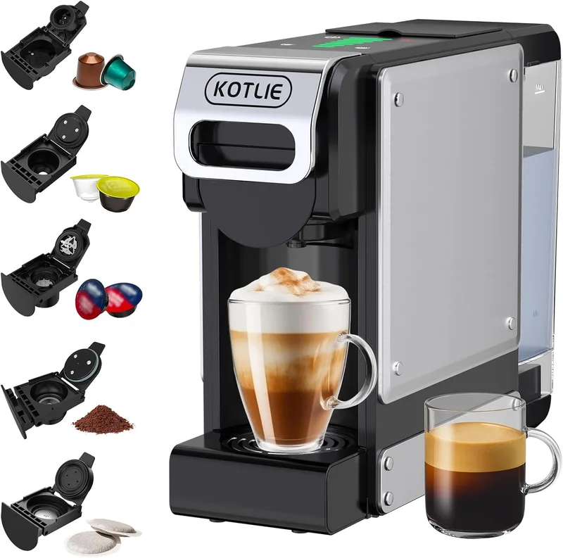 KOTLIE ▫️ Máquina de café de cápsulas 5 em 1 19BAR para cápsulas Lavazza MIO/Nespresso Original/Dolce Gusto e café moído/cápsulas ESE, máquinas de café expresso automáticas de cápsulas pequenas, 1L, 1450W
