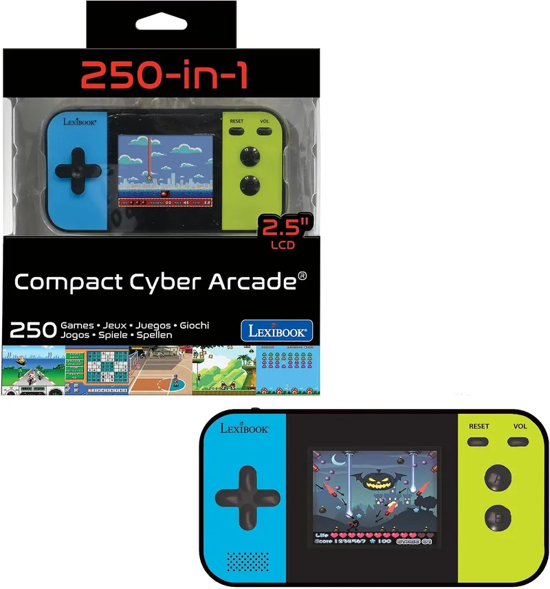 LEXIBOOK ▫️ Compact Cyber Arcade – Consola de jogos portátil, 250 jogos, ecrã LCD, a pilhas, para crianças e adolescentes, Preto / Azul / Verde, JL2377LXB
