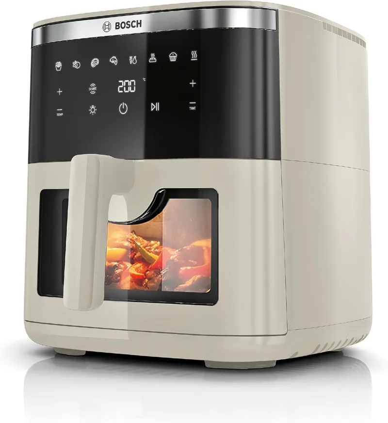 Bosch ▫️ Air Fryer Series 6, Air Fryer XXL 7,2 L de capacidade, 7 programas e janela de visualização com luz, bege mate, MAF671C0