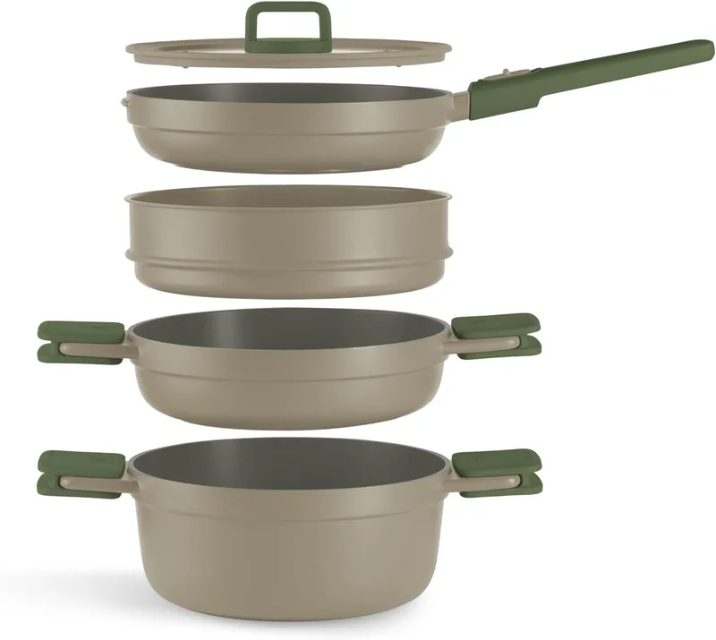 BRA ▫️ Compac Pro Ceramic | Trem de cozinha empilhável de 5 peças, alumínio fundido com revestimento antiaderente de cerâmica, compatível com todos os tipos de fogões, incluindo indução