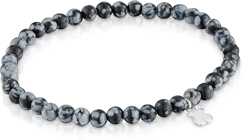 TOUS ▫️ Pulseira elástica cinzenta com motivo de urso em prata de lei para mulher, 16,5 cm de comprimento, coleção Basics