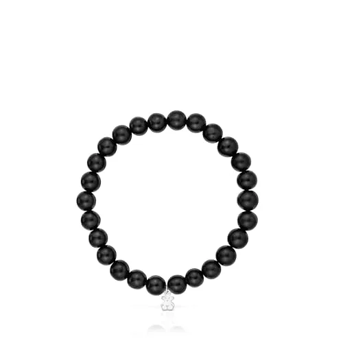 TOUS ▫️ Pulseira elástica preta «Azabache» com motivo de urso em prata de lei para mulher, 16,5 cm de comprimento, coleção Basics 2