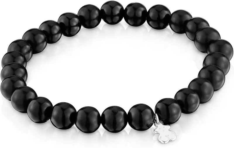 TOUS ▫️ Pulseira elástica preta «Azabache» com motivo de urso em prata de lei para mulher, 16,5 cm de comprimento, coleção Basics
