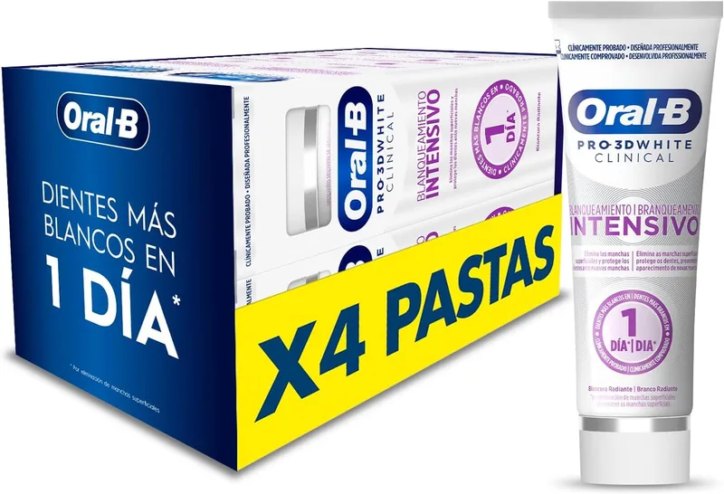Oral-B ▫️ Pro 3D White Clinical Intensive Whitening Pasta de dentes branqueadora, remove as manchas superficiais, pasta de dentes branqueadora com sabor a menta verde, 75 ml (embalagem de 4)