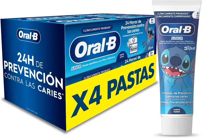 Oral-B ▫️ Pro Junior Disney Stitch Pasta de dentes para crianças, remove a placa bacteriana e previne as cáries, pasta de dentes para crianças dos 6 aos 12 anos, sabor a menta suave, 75 ml (embalagem de 4)