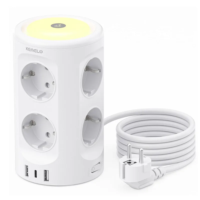 Kemelo ▫️ Faixa de Alimentação Torre, Faixa de Alimentação USB 8 AC e 3 Tomadas USB, Faixa de Alimentação Vertical 2M Torre com Luz Nocturna e Interruptor, Faixa de Proteção contra Surtos, Tomadas Múltiplas para Secretária, Escritório, Casa