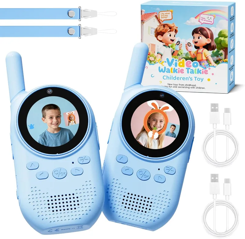 HEWEIMEI ▫️ Walkie Talkie de vídeo para crianças, Walkie Talkie recarregável de longo alcance com câmara HD, comutador de voz e videochamada, presente para crianças dos 3 aos 12 anos (azul/azul)