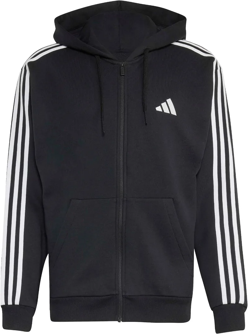 adidas ▫️ Casaco com capuz Essentials 3-Stripes para homem, em felpa e com fecho de correr