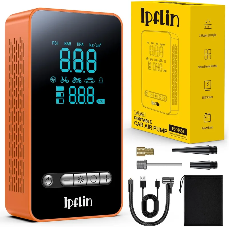 Ipflin ▫️ Compressor de ar portátil - Inflador elétrico de pneus para automóveis, 150 PSI com lanterna e bateria recarregável - para automóveis, motociclos, bicicletas, SOS de emergência e viagens em família, laranja