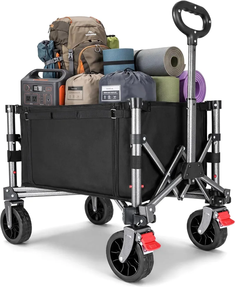 YEAUPE PRO ▫️ Carrinho de praia dobrável com rodas - 70L, 50 kg - Rodas amovíveis, pega ajustável, acesso lateral com fecho de correr e design compacto, ideal para o jardim, encomendas e casa - Preto mate
