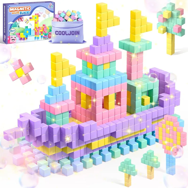 COOLJOIN ▫️ Blocos magnéticos de construção para crianças, presentes para meninas de 3, 4, 5, 6, 7, 8, 9 e 10 anos, conjunto de 48 peças de brinquedos magnéticos para viagem, brinquedos para crianças de 3 anos, brinquedo criativo Montessori