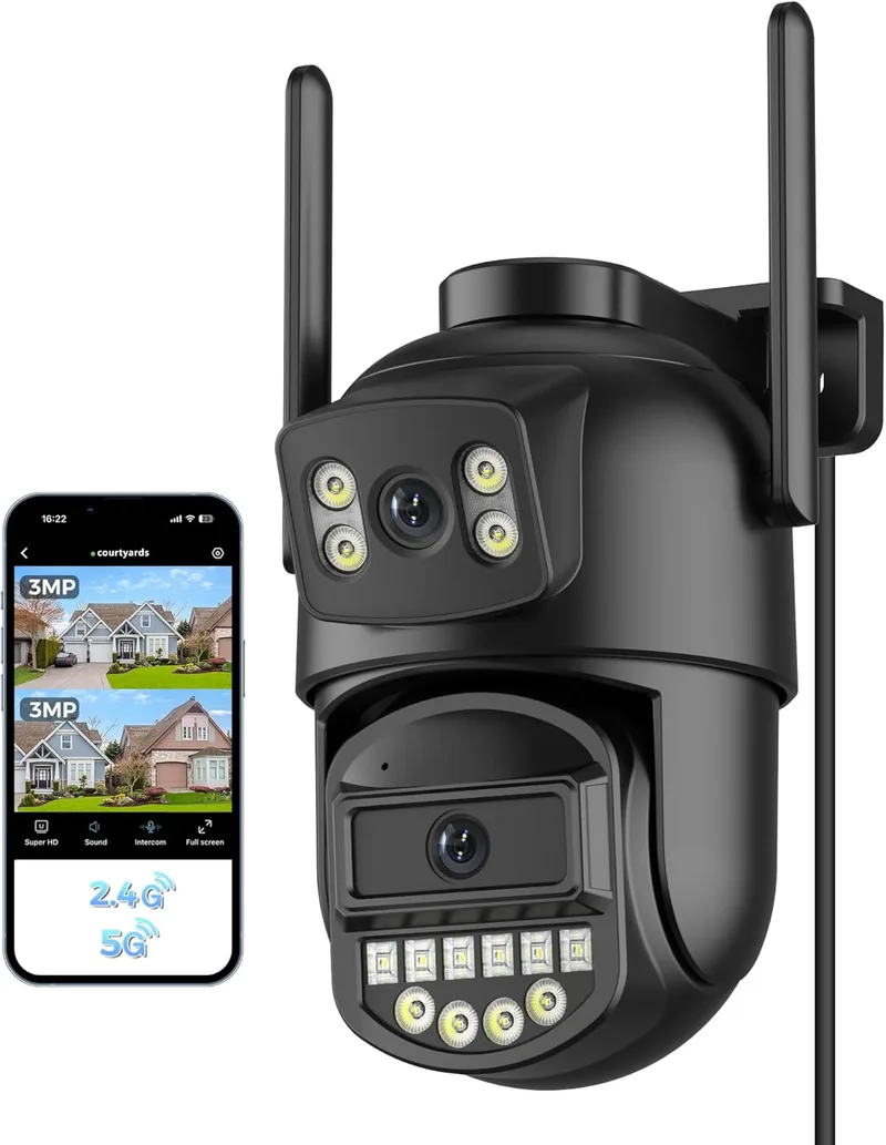 Reobiux ▫️ Câmara de vigilância WiFi para exterior, Lente dupla, 6MP, Câmara de vigilância 2.4/5Ghz, 360°, PTZ, Ethernet, Interior, Cabo, Visão nocturna a cores, Áudio bidirecional, Deteção de pessoas, IP66