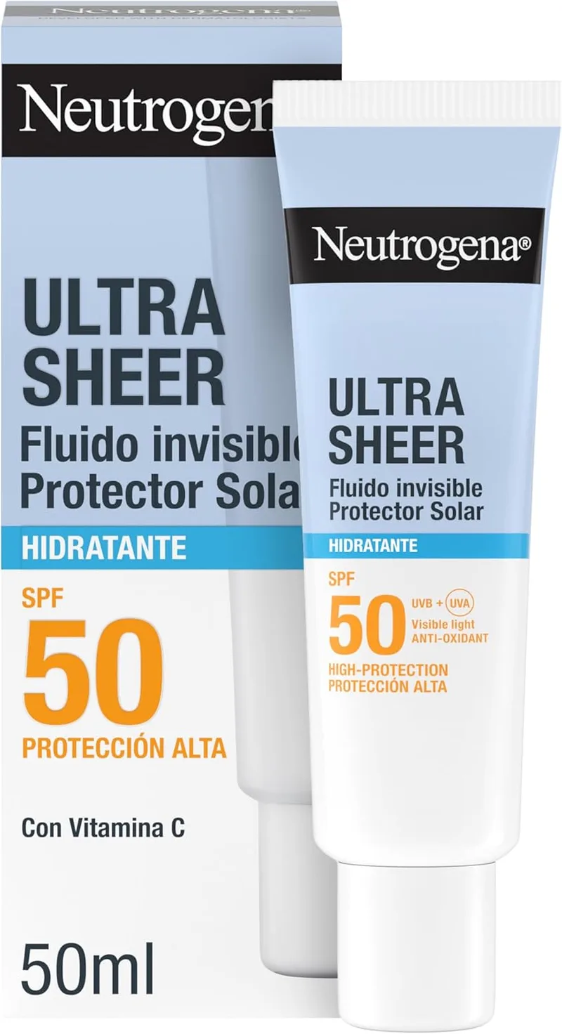 Neutrogena ▫️ Ultra Sheer Sun Invisible Moisturising Fluid SPF50 (50 ml), protetor solar facial de largo espetro 50, hidratante facial leve e hipoalergénico, creme solar resistente à água